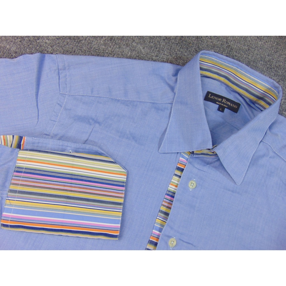 Lenor Romano Dress Shirt Mens Large Blue Made in Italy Fremcj Ciff Stripped